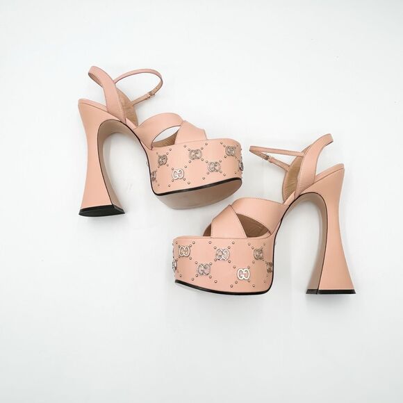 Gucci Janaya GG Studded Platform Sandals EU 40 US 10 Pink Leather High Heel - Picture 8 of 14